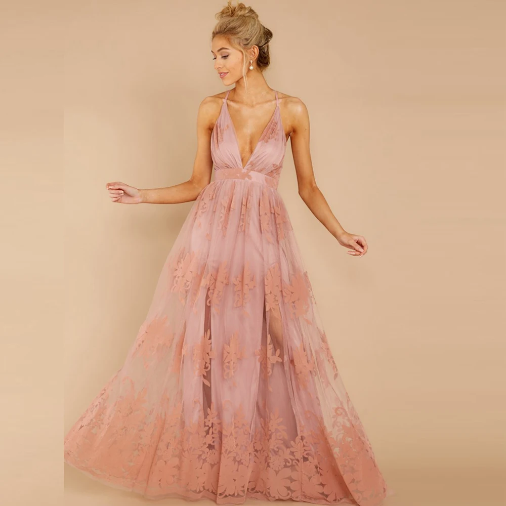 Женское вечернее платье с глубоким V образным вырезом длинное фатиновое без