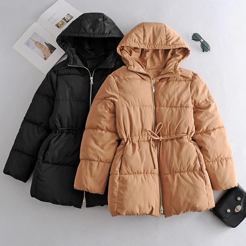 

Женская 2021 новая осенне-зимняя повседневная однотонная куртка на молнии с капюшоном на талии средней длины для женщин, универсальная Шикар...