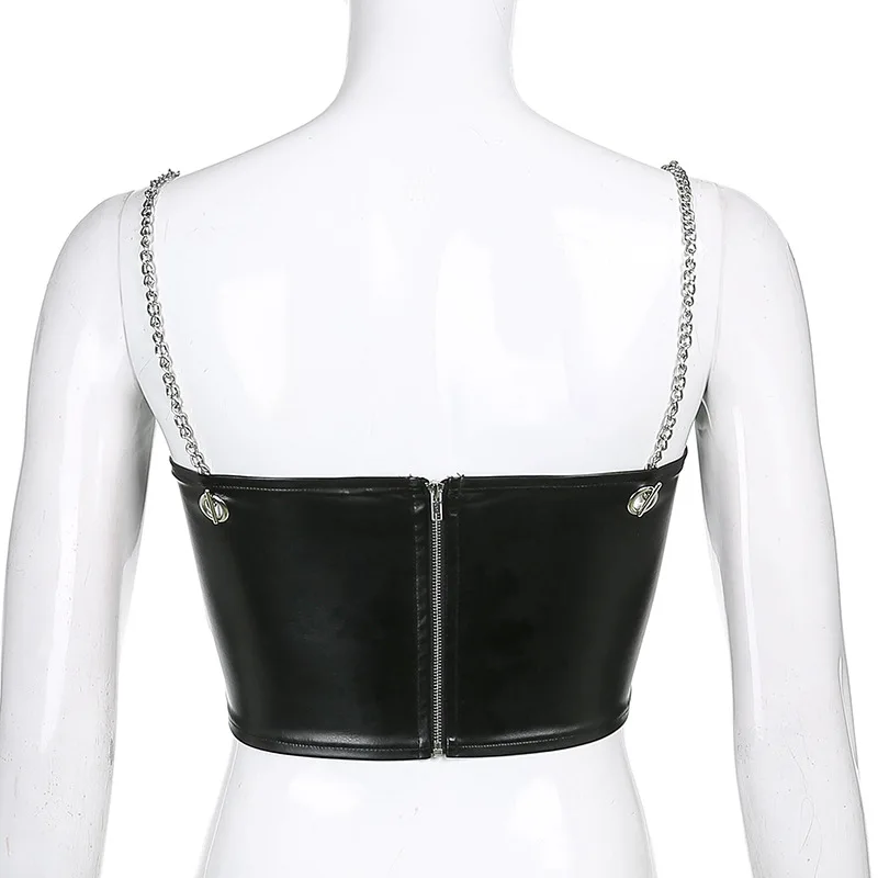 

2021 Summer Chain Strap Cami Top Black Faux Leather PU Backless Crop Tops Tees Harajuku Punk Style Fashion Clothes Streetwear