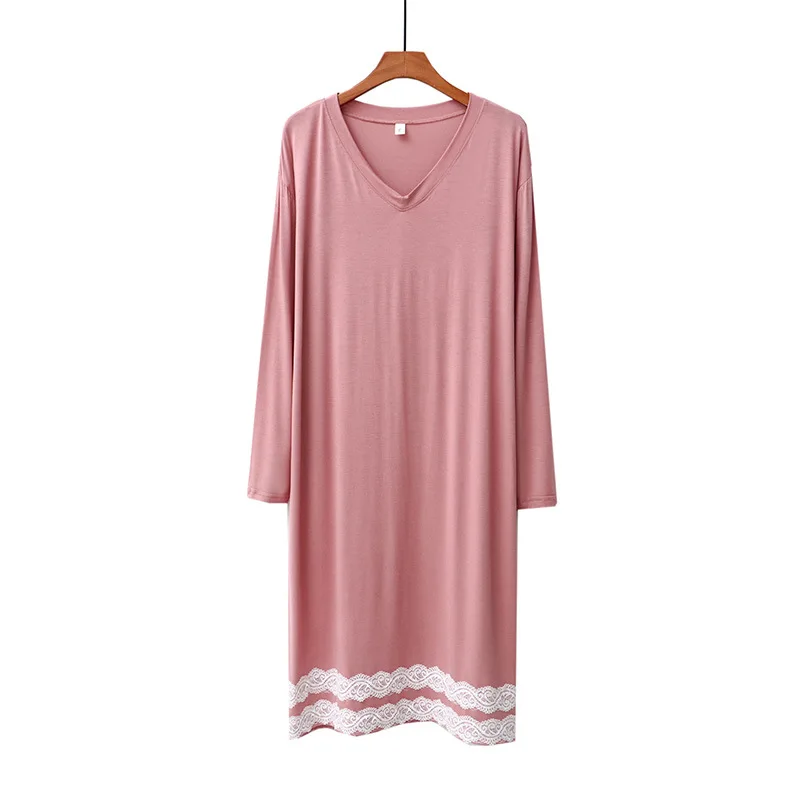 

Modal Sexy Women's Nightdress V-Neck Long-Sleeved Midi Nightgowns Lace Stitching Sweet Casual Loose One Piece Sleepwear Autumn