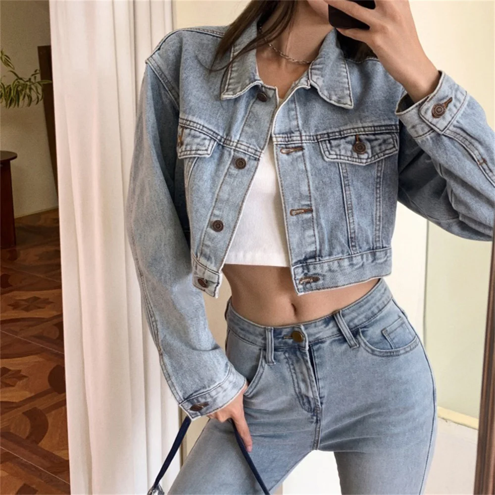 

Женская джинсовая куртка с высокой талией, свободная повседневная короткая джинсовая куртка в стиле ретро, осень 2021