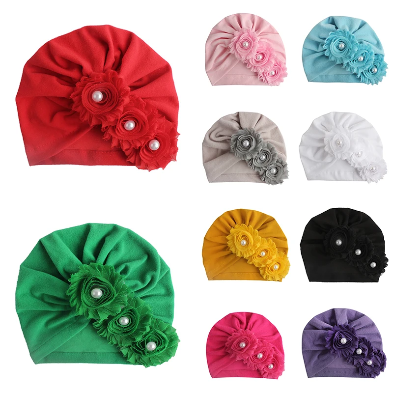 

New Infant Newborn Caps with Pearl Chiffon Flowers Cotton Blend Knit Turban Girls Stretchy Beanie Hat Baby Hair Accessories