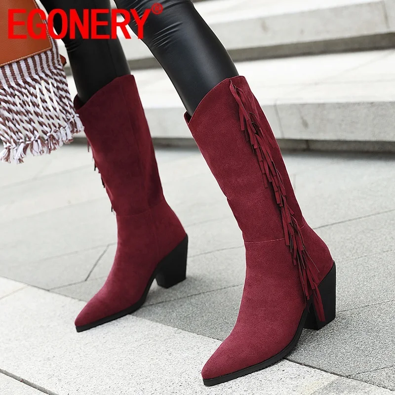 

EGONERY/Зимние новые модные сапоги до середины икр, на улице, на высоком каблуке, с острым носком и бахромой из искусственной замши (флока), женск...