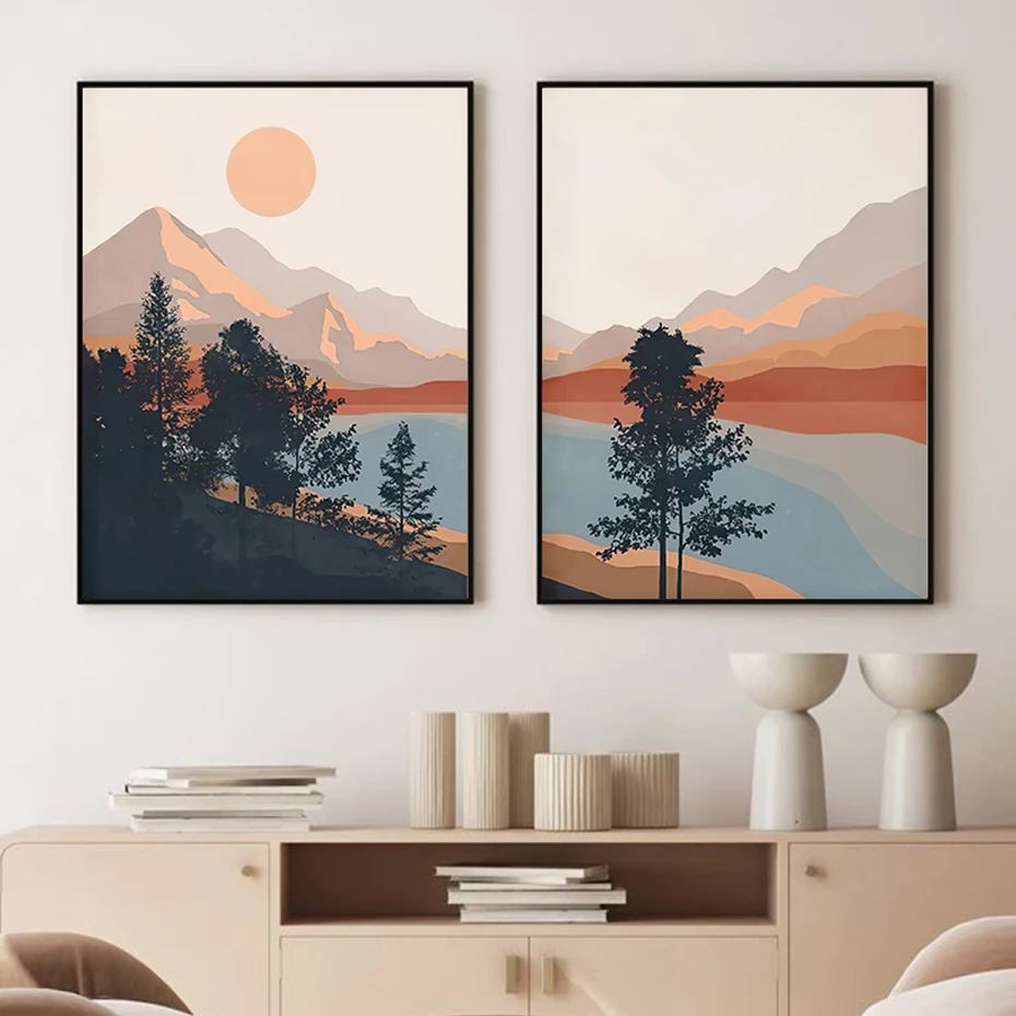

Mid Century Abstract Boho Mountain Lake Scene Poster Canvas Painting Wall Art Print Picture Living Room Home Interior Decoration