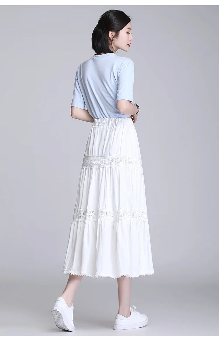 

Women Fashion Splice Lace Big Swing A-line Long Skirt 2021 Summer Elegant Korean Black/white Elastic High Waist Loose Skirts