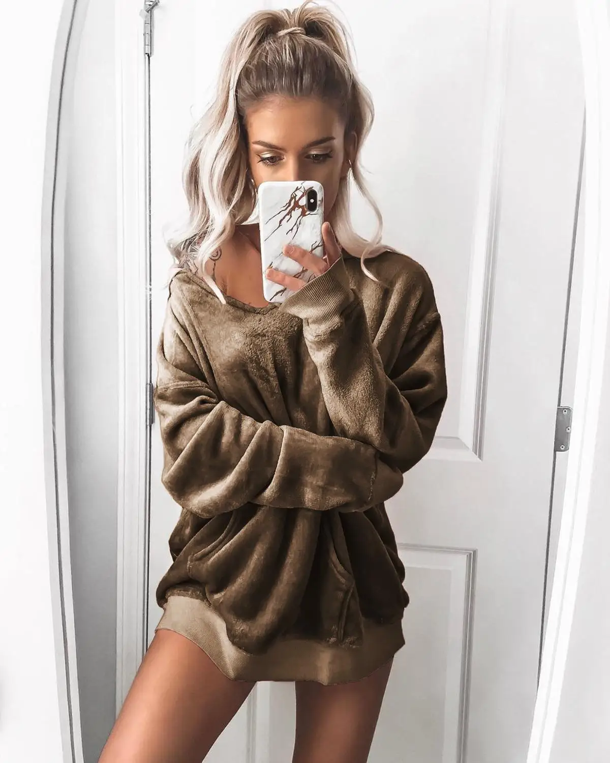 Autumn Winter Women Fleece Velvet Long-sleeved Top Hooded Sweatshirt Female Solid Color Loose Hoodies Plus Size | Женская одежда