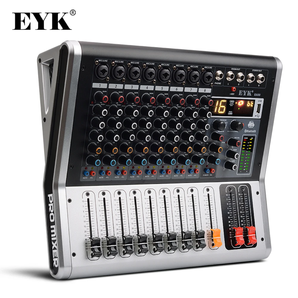 EYK EA80 8-канальный сетевой видеорегистратор микшерный пульт с Mute и PFL переключатель Bluetooth записи 3 полосный 16 DSP Эффект Профессиональный USB звукомикшер