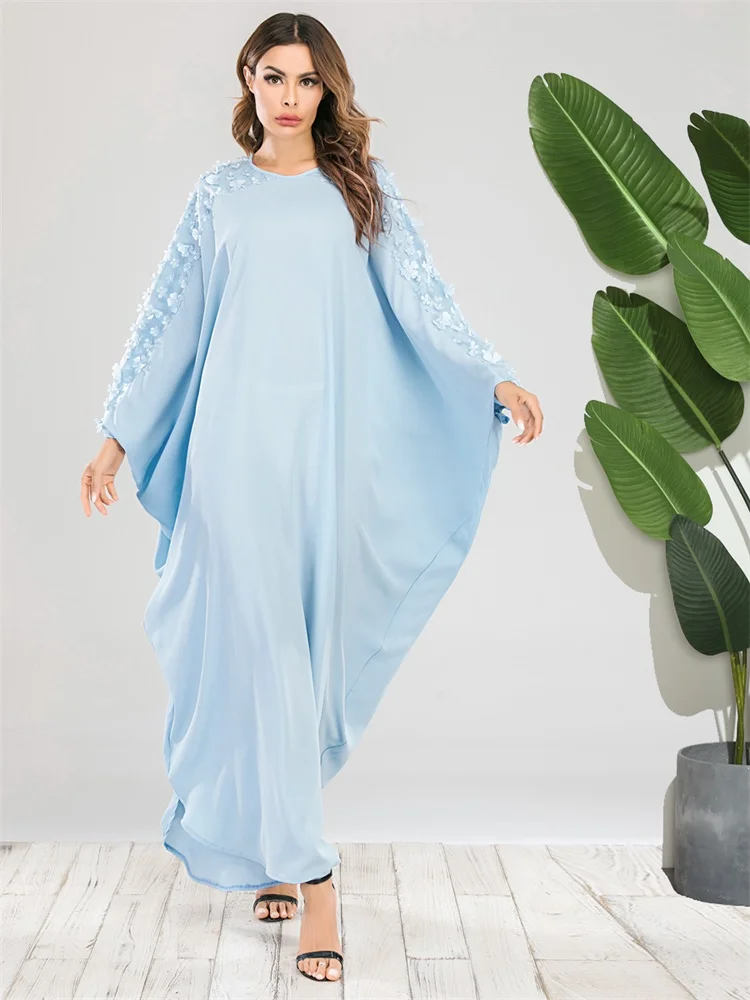 

Oversize Gown Dress for Women Fall 2020 Batwing Sleeve 3D Flower Arabic Turkey Muslim Moroccan kaftan Abaya Light Blue