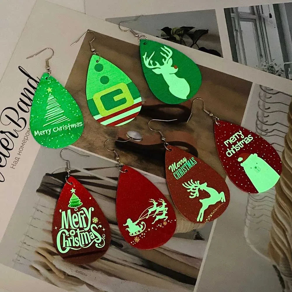 

2020New Luminous Christmas Faux Leather Earrings Teardrop Dangle Earrings Christmas Tree Star Dangle Earrings for Women Girls