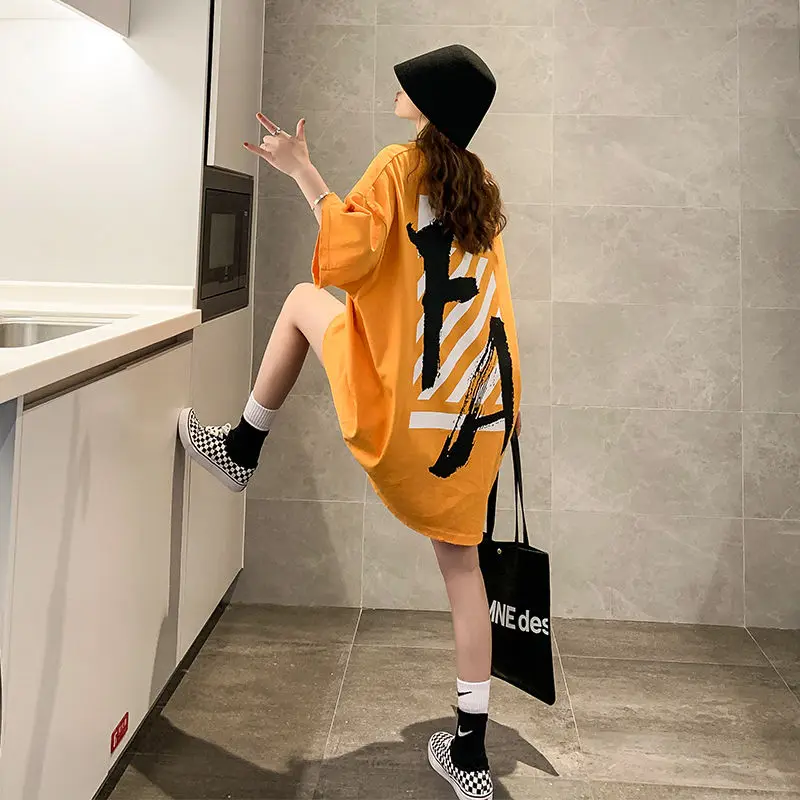 

Pure cotton summer medium length short sleeve T-shirt with holes for female 2021 new Korean net red student loose top