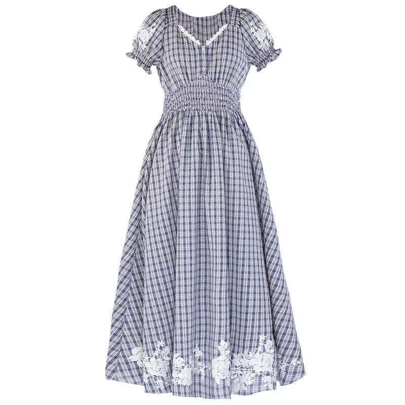 

LYNETTE'S CHINOISERIE Summer Original Design Women Vintage Embroidery Cotton Plaid Empire Slim Waist Cotton Dresses