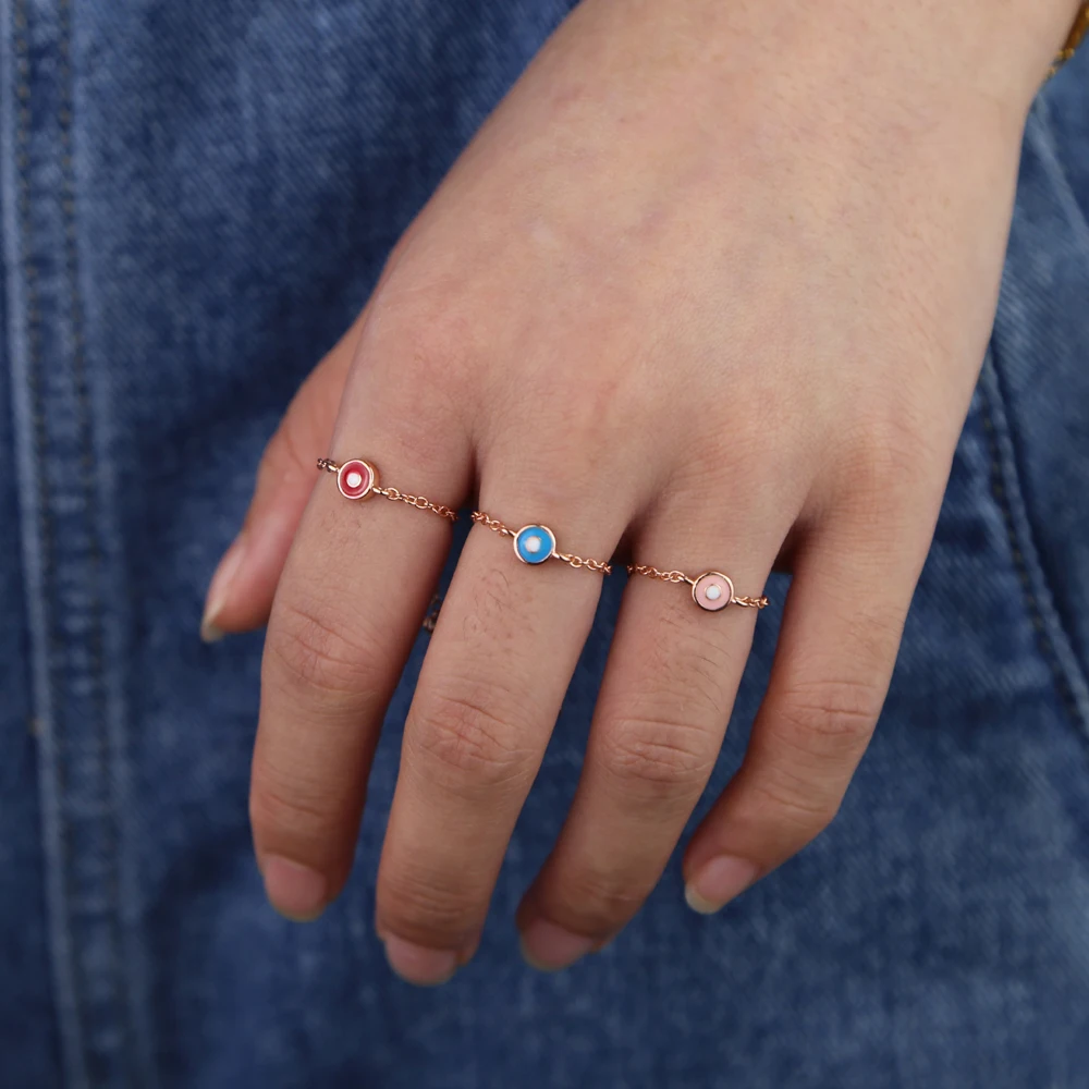 

red blue pink enamel Round Evil eye charm adjust chain finger ring rose gold Fashion turkish evil eye jewelry