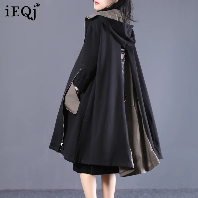 

IEQJ 2021 New Autumn Fashion Women Hooded Jacket Zippers Full Skeeves Pocket Mid Length Windbreaker WS33301 Cozy