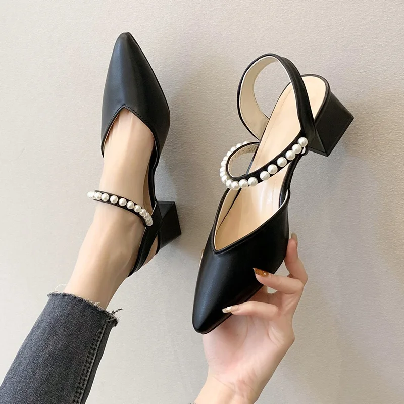 

Black Platform Sandals Clear Heels 2021 Women's Female Shoe Med Espadrilles Pointed New Fashion Block Stiletto Girls Pearl Comfo