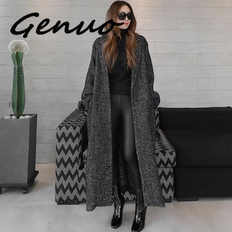 Genuo женские куртки с отворотом длинным рукавом свободные негабаритные черные на