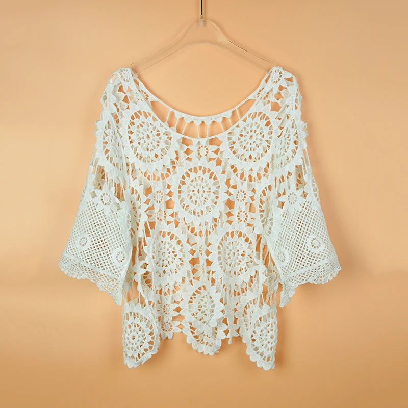 

Богемные летние кружевные ажурные накидки для бикини, Женские Прозрачные топы, свободные белые топы с длинным рукавом и цветочным принтом, ...