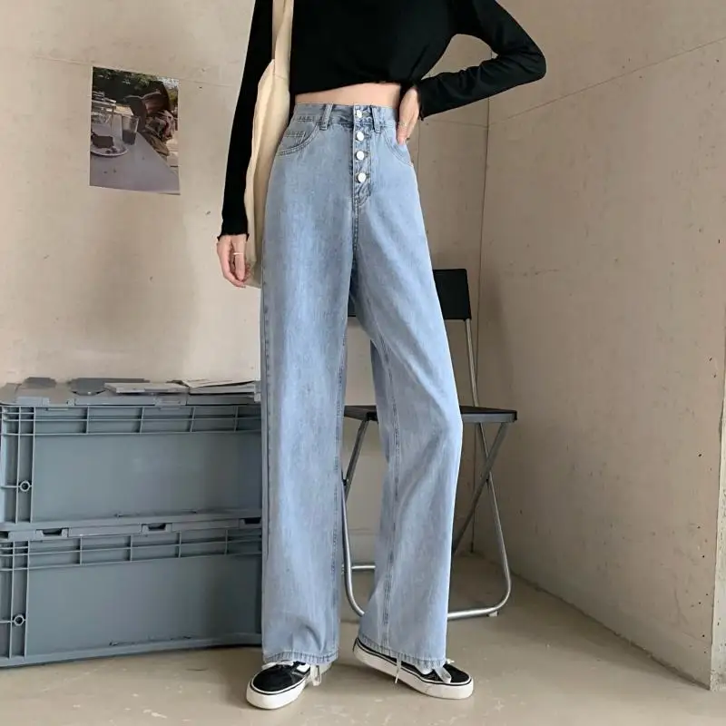 

2021 Spring and Autumn new retro style high waist solid color wide leg jeans women street solid color slim straight jeans ladies