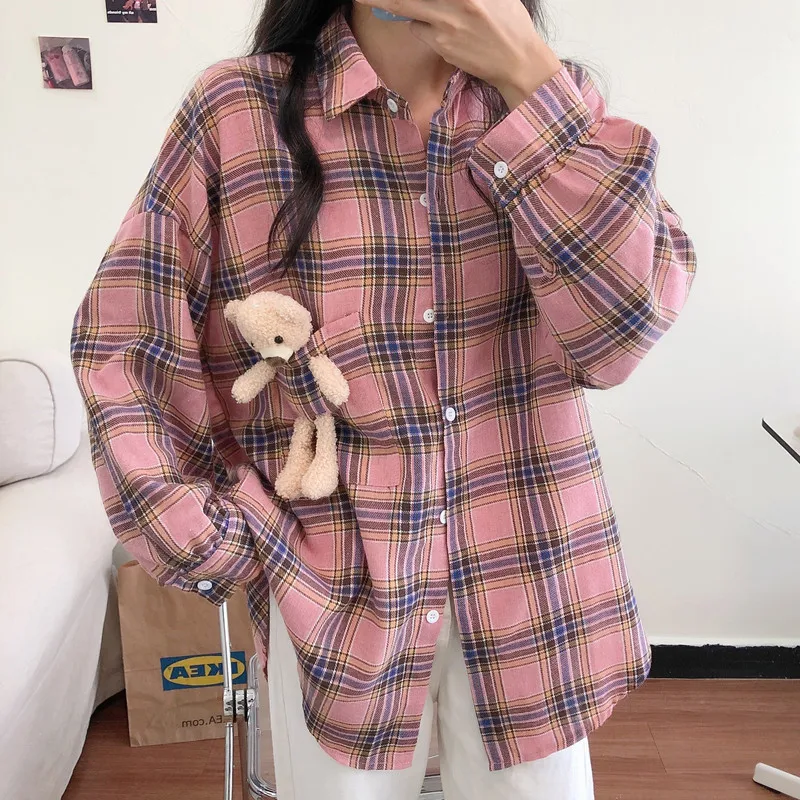 

4 Color New Harajuku Kawaii Bear Pocket Shirt Female Casual Plaid Shirts Plus Size Blouse Tops Mujer