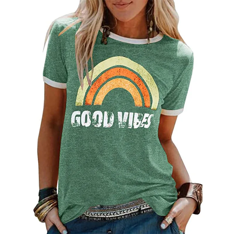 

Hot Sale Style Women's Blouse GOOD VIBES Rainbow Pattern Printing Round Neck Short Sleeve Ladies T-shirt Graphic Tee