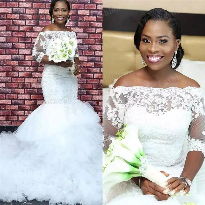 

Plus Size Mermaid Wedding Dresses South Africa Beads Lace Applique Long Sleeves Sweep Train Bridal Dresses