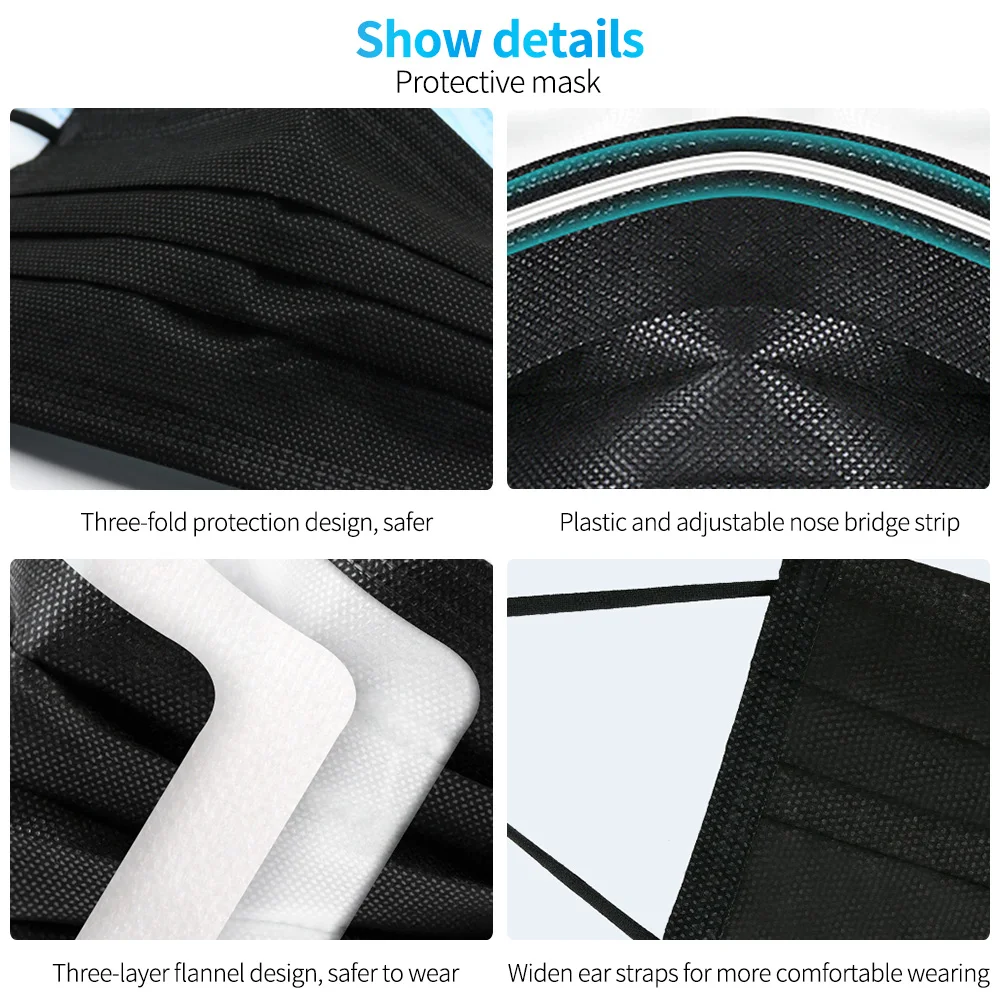 

10/20/30/40/50/100/300/400/500/600pcs Black Disposable Face Mask 3ply Ear Loop Adult Adjustable Black Mouth Mask 24 Hours ship