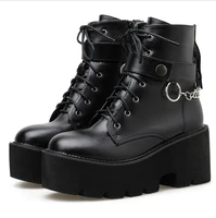 new sexy chain women leather autumn boots block heel gothic black punk style platform shoes female footwear high quality