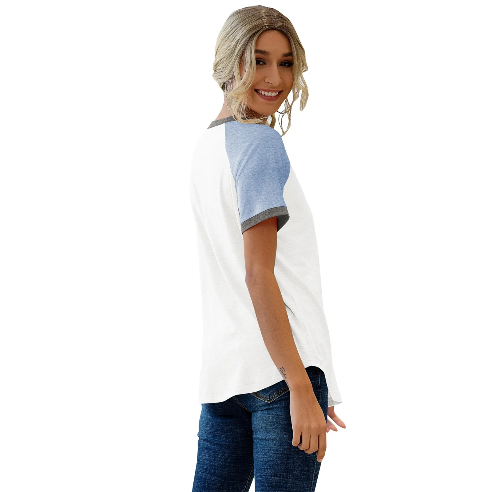 

Women'S Summer T-Shirts Round Neck Three-Color Stitching Top Woman Casual Short-Sleeved Simple Tshirt Female Ladies Clothing