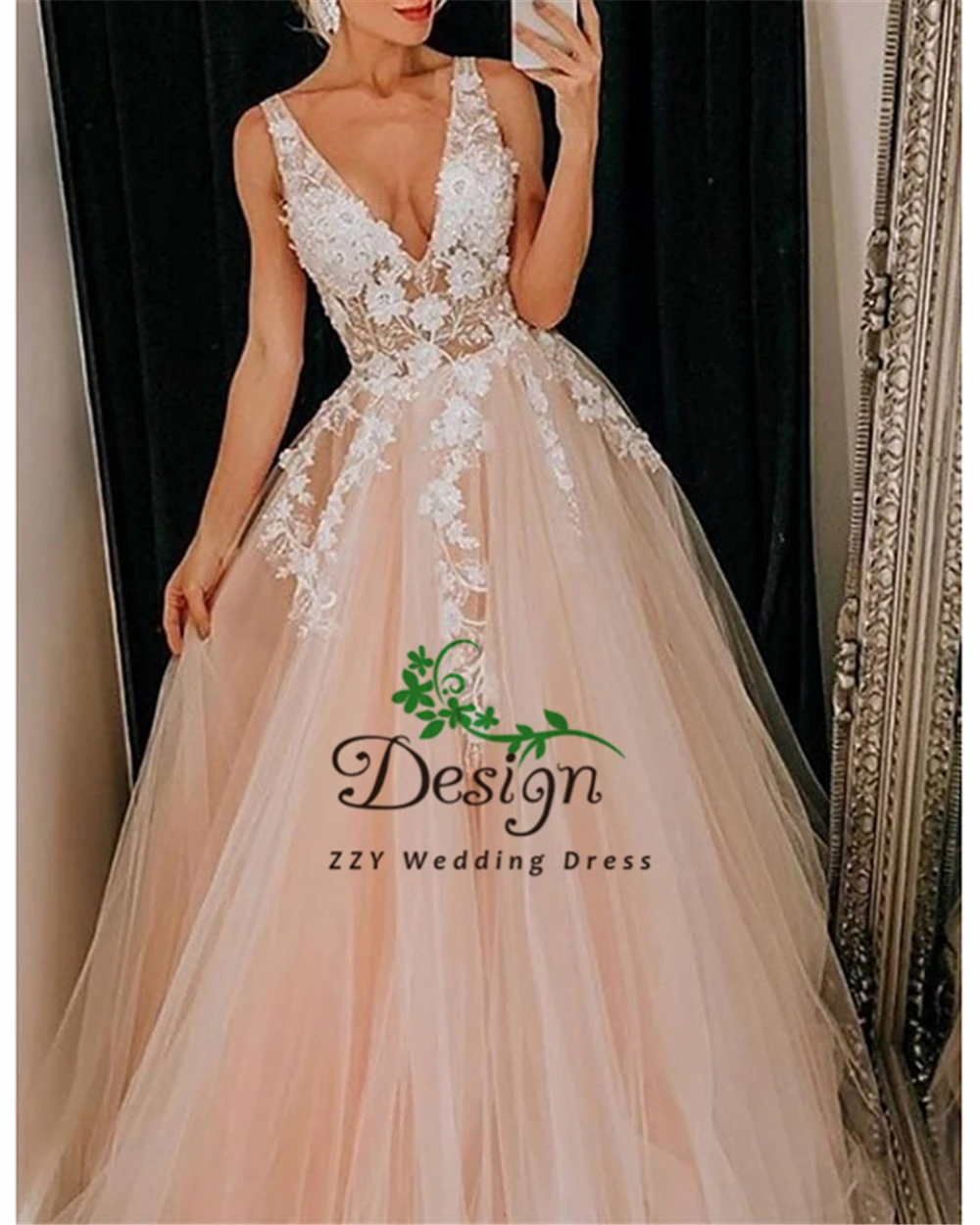 

Champange Tulle Deep V-neck Illusion vestido noiva Luxury Ball Gown Sexy Lace Appliques Court Train robe de mariee 2020