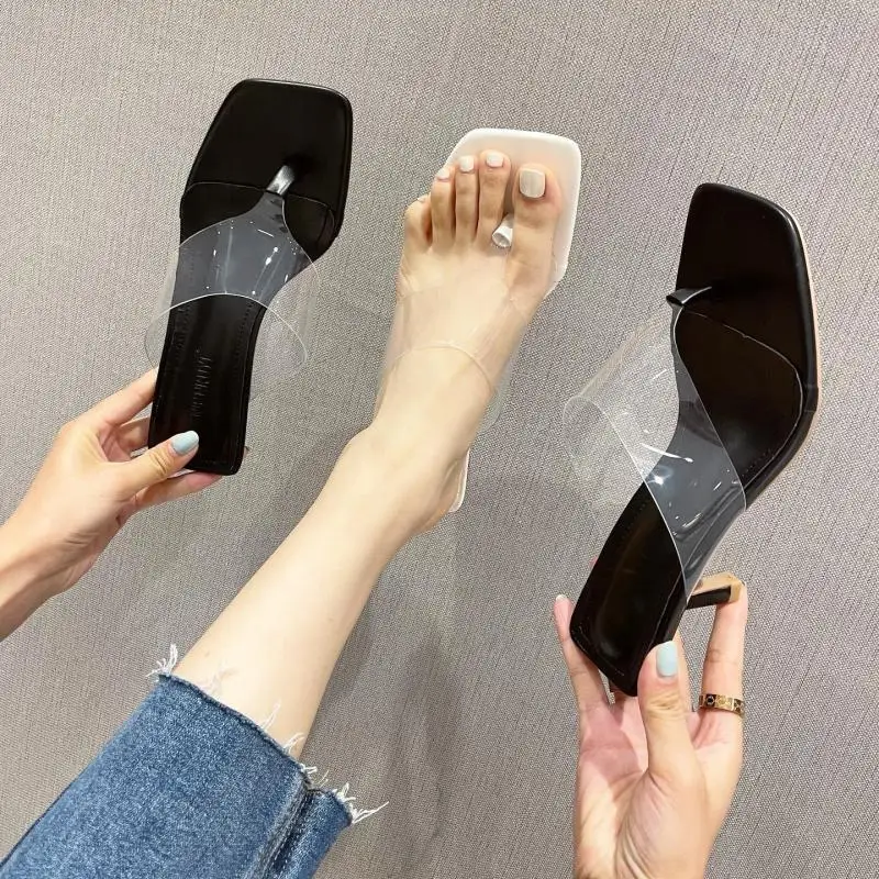 

Zar a Woman 2021 Shoes Flip Flops Luxury Brand Summer Fashion Square Head PVC Transparent High Heels Sandals For Women PlusSize