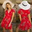 Женщины; Лето; в стиле бохо короткое платье Леди Vestido v-образным вырезом шифон шик праздник сладкий сексуальный красная повязка вечерние пляжные цветочные мини-сарафан - Цвет: Красный