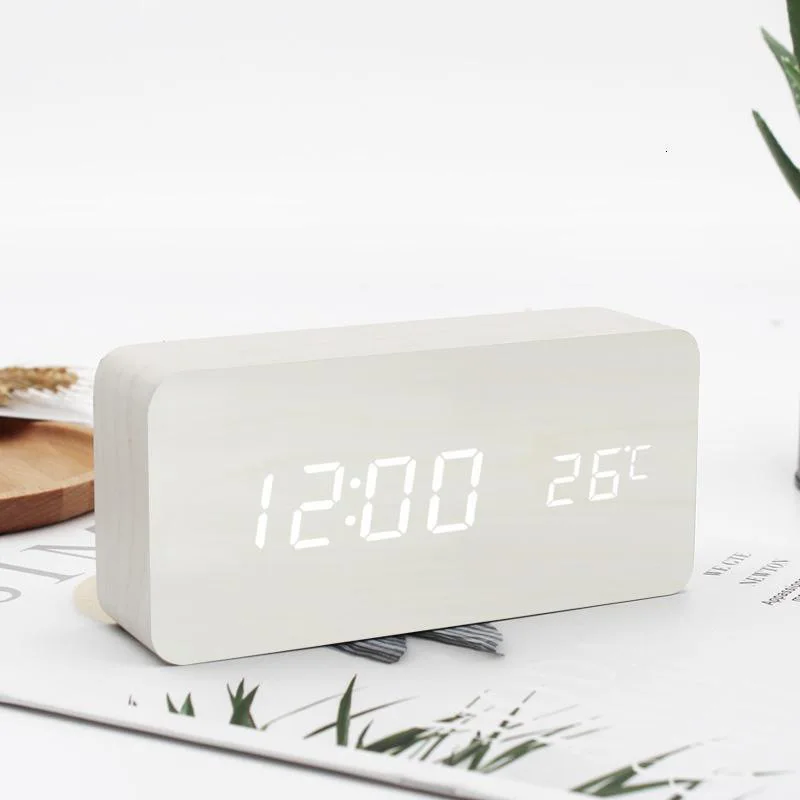 

Alarm Clock LED Wooden Watch Table Voice Control Digital Wood Snooze Time Temperature Display Desktop Clocks