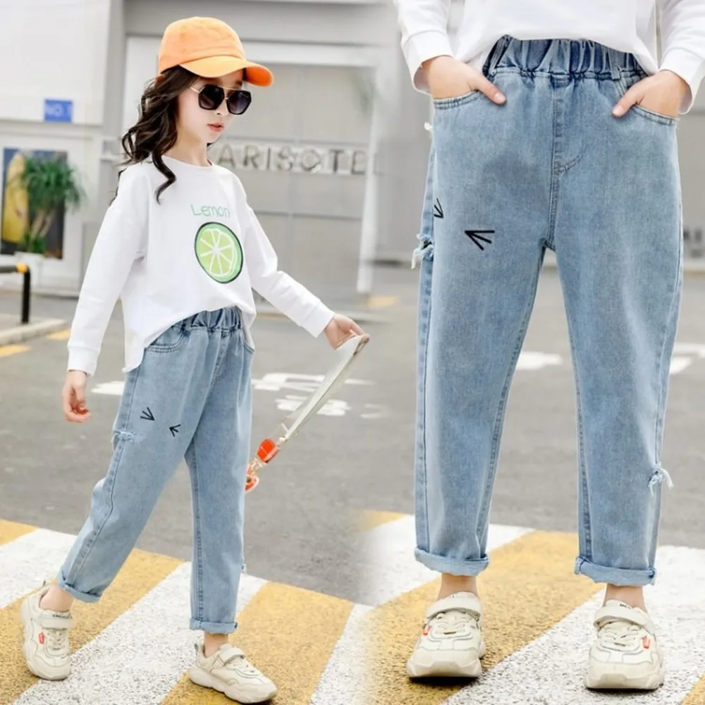 

Коллекция 2021 года, модные рваные джинсы с рисунком кота для девочек-подростков, детские синие джинсовые штаны детские брюки для девочек, дет...
