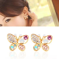 a pair of fashion trend rhinestone butterfly earrings gorgeous pearl openwork butterfly stud earrings
