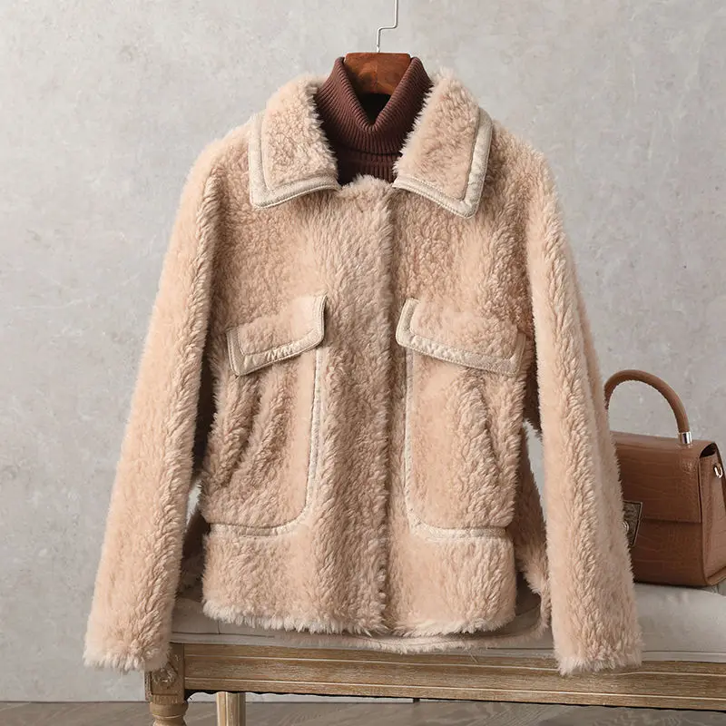 

Женское пальто из натуральной овечьей шерсти, с отложным воротником, с длинным рукавом, теплая верхняя одежда, X845, зима 2021