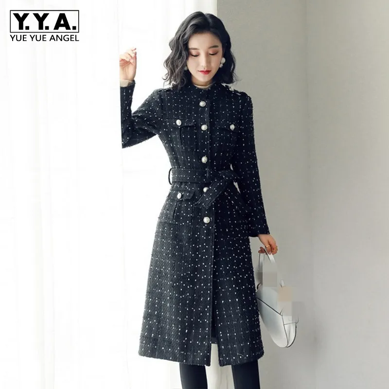 

Womens Autumn Winter New Sweet Long Trench Coat Skirt O-Neck Sashes Pockets Spliced Tweed Vintage Fashion Woolen Outerwear
