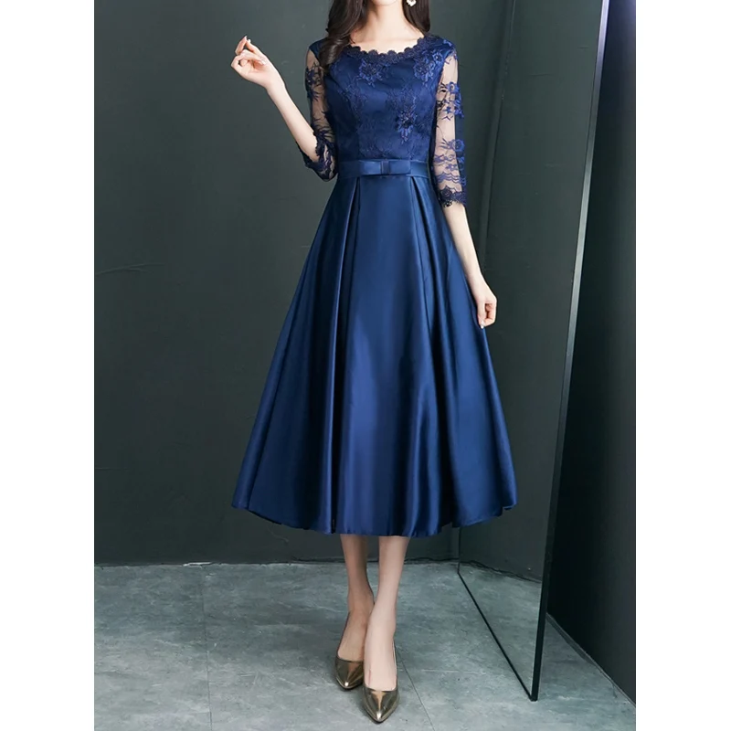 

Элегантный Королевский синий для матери невесты платье Scoop с рукавом «Три четверти» кружевные платья для девочек