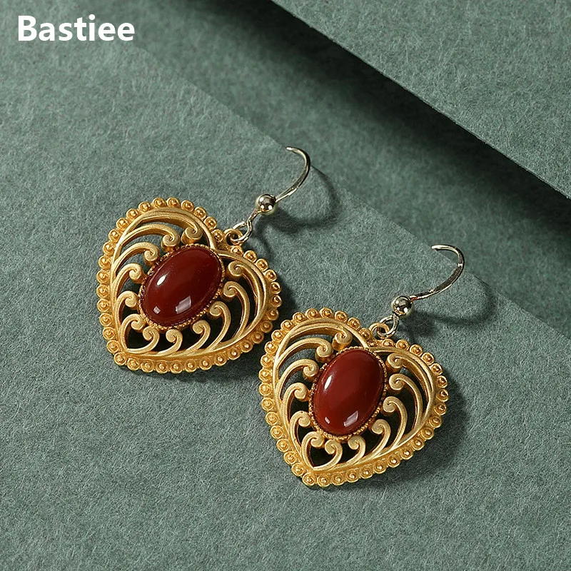 

Bastiee Red Agate 925 Sterling Silver Heart Earrings For Women Drop Dangle Earings Fashion Jewelry Luxury Gifts Gold Plated