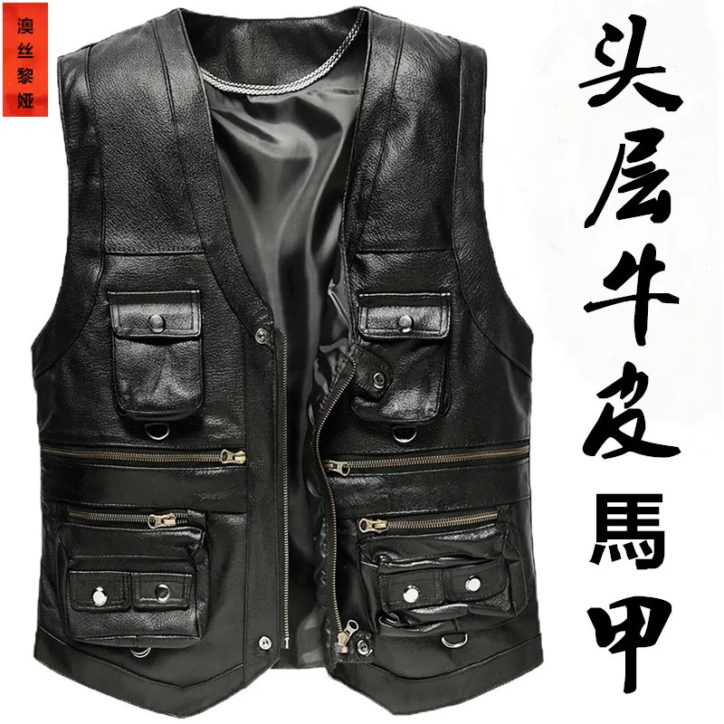 Мужской кожаный жилет 2021 стильный из воловьей кожи с несколькими карманами и V