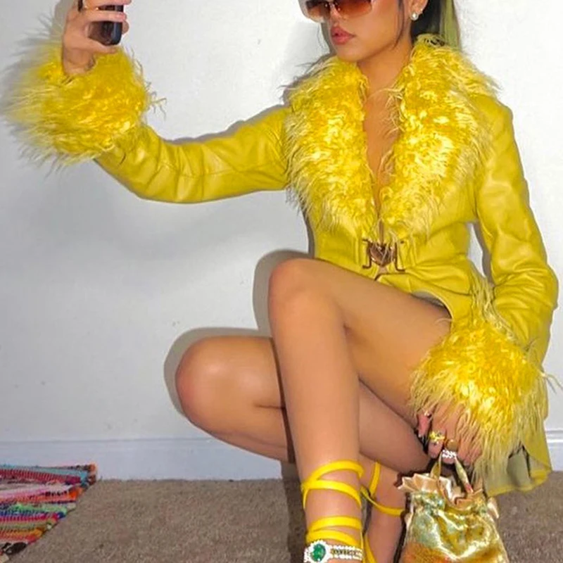 Women Faux Leather Jackets Fur Trim PU Leather Cropped Cardigan V Plush Neck Snap Coat