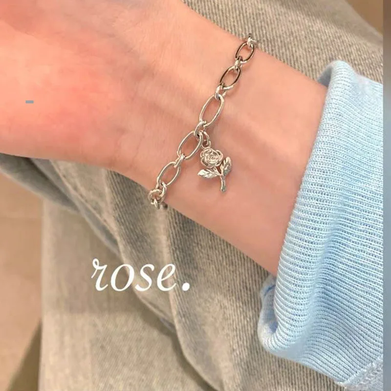 

Rose Pendant Women Bracelet Flower Bracelets Fashion Korean Jewellery Ins Style Couples Trendy Silver Color Zinc Alloy Pulseras