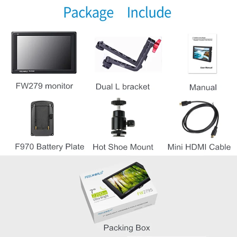 Монитор Feelworld FW279L, 2200 нит, 7-дюймовый IPS-монитор для камеры 4K HDMI 1920X120 0, ЖК-монитор для DSLR-камеры s с кронштейном (art.: 3920b39669e2c) - 3920b39669e2c