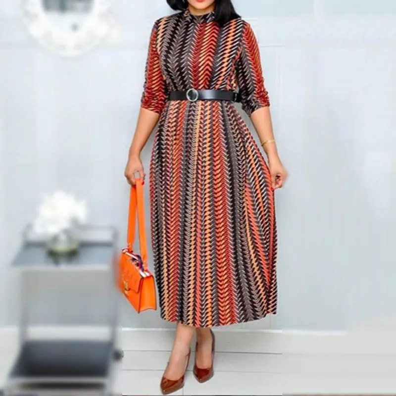 Шифоновое женское Повседневное платье в полоску с высоким воротом элегантное