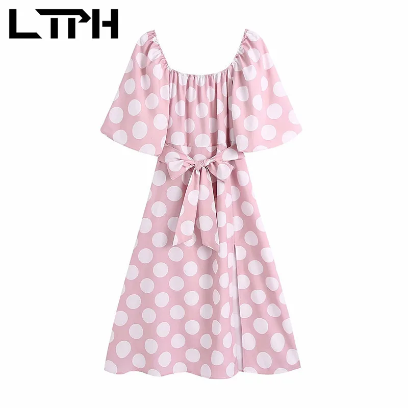 

LTPH vintage women dress polka dot printing square collar puff sleeve high waist bow elegant split midi dresses 2021 summer new