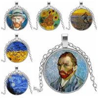 fashion charm art childrens pendant celebrity painting van gogh sunflower starry glass cabochon necklace gift sweater chain