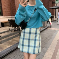 spring and autumn womens suits korean loose long sleeved t shirt plaid bag hip skirt two piece western style sweet skirt new