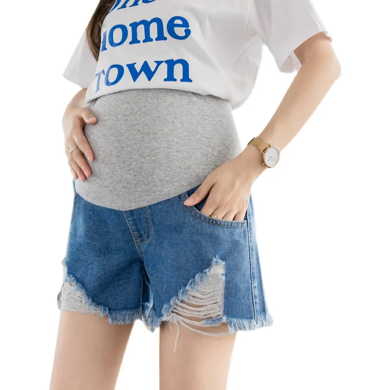 

6821# Summer Casual Denim Maternity Short Jeans Adjustable Belly Shorts for Pregnant Women Ripped Hole Wide Leg Loose Pregnancy