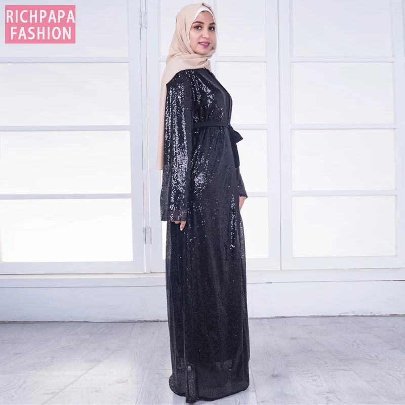 Женское кимоно с черными пайетками абайя Дубай женское кардиган мусульманский