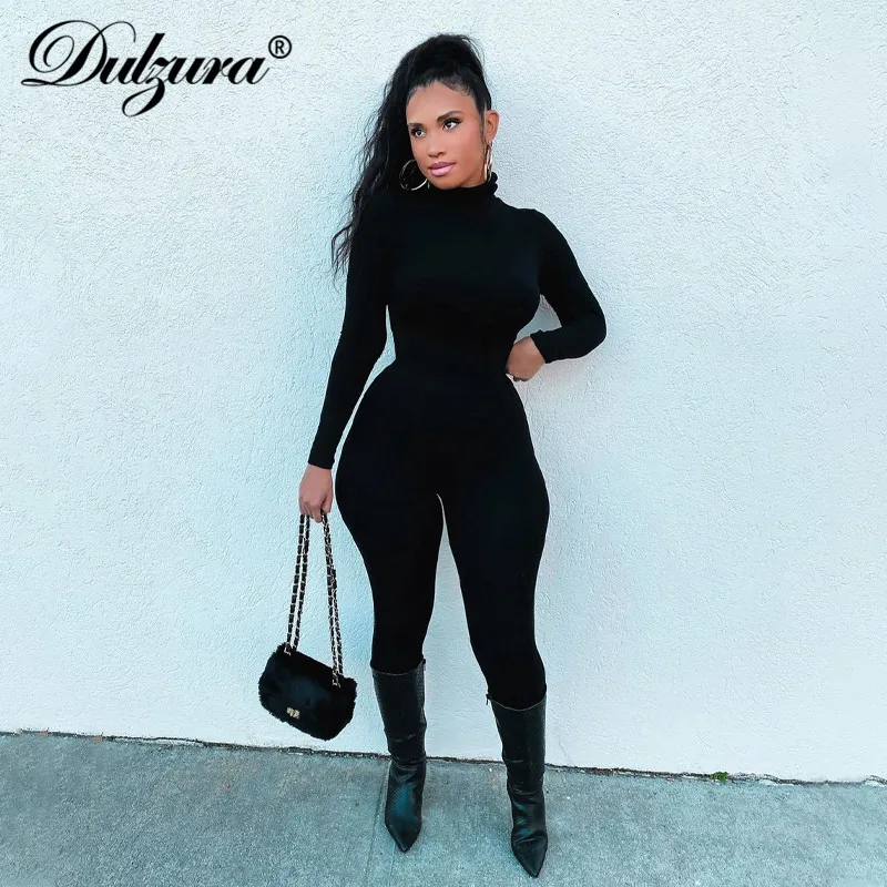 

Dulzura Solid Women Long Sleeve Jumpsuit High Neck Pearl Button Skinny Bodycon Sexy Streetwear 2020 Autumn Winter Sporty Romper