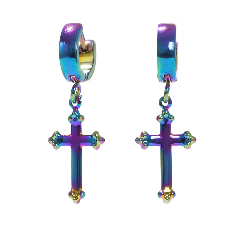 

New Arrival Christmas Gifts Hiphop Colorful Drop Earrings Stainless Steel Cross Earrings for Women