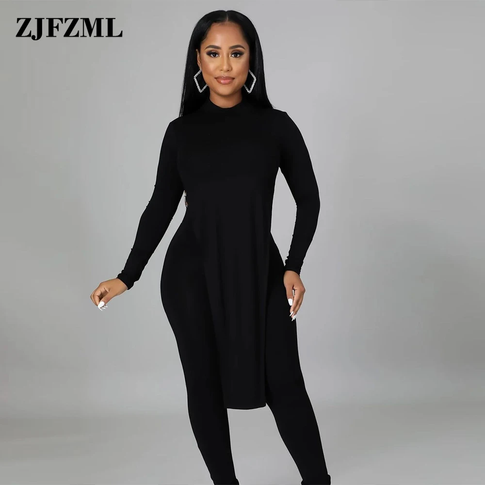 

Black Burgundy Chain Backless Two Piece Set Women Simple Solid Long Sleeve Irregular Top+unique Sheath Pencil Legging Loungewear